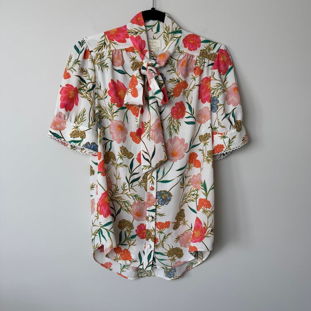 Kate Spade Picnic Perfect Blossom Floral Tie Neck Women's Blouse Top Size Small